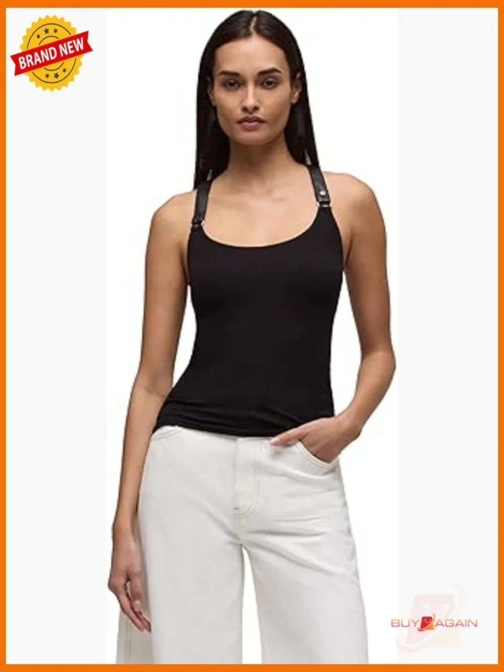 Fitted Rib Knit Tank Top with Faux Leather Straps, Snap Closure